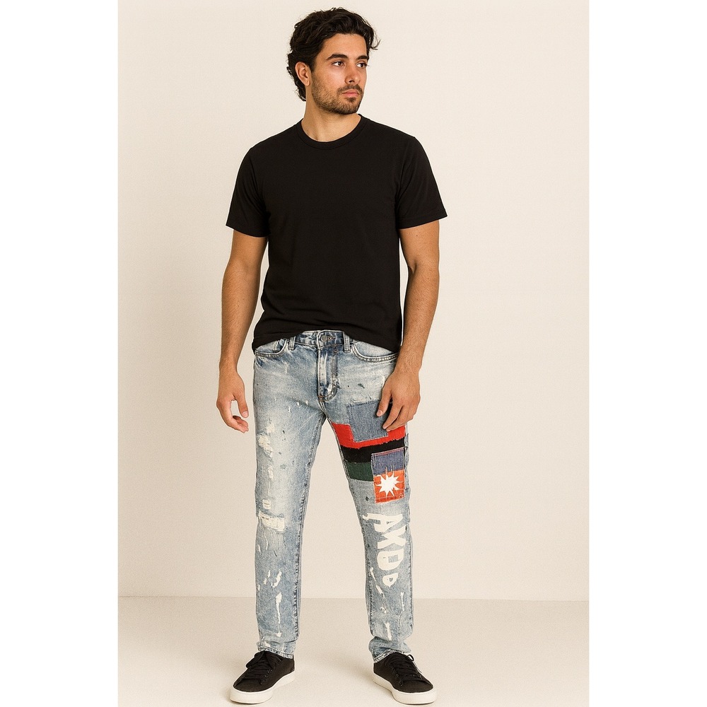 AKOO Mens Light‎ Wash Distressed Patchwork Paint Splatter Jeans Size 30